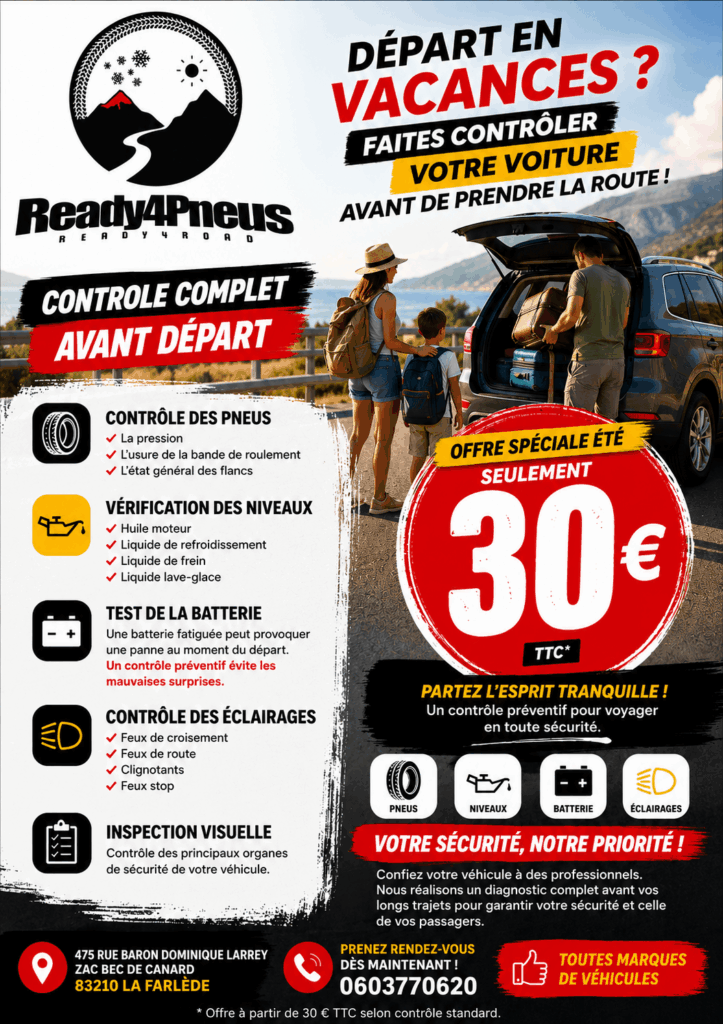 Ready4pneus - Flyers expliquant les choses à vérifier avant de partir en vacances